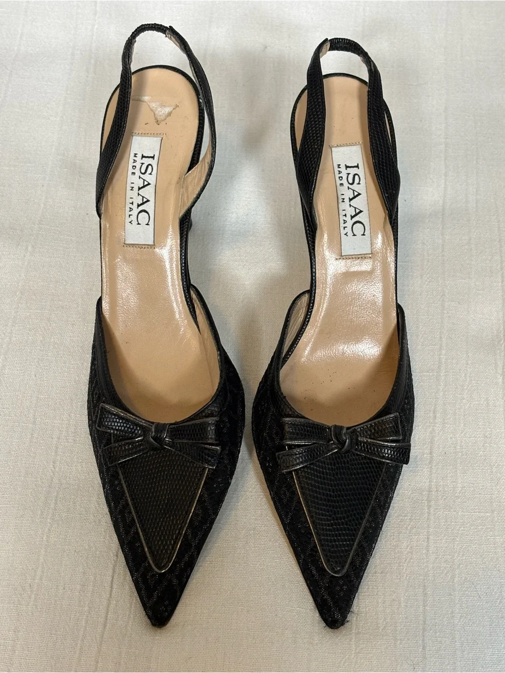 Vintage Isaac Mizrahi Patterned Fabric Slingback Pumps Heels-Black-Women Size 7